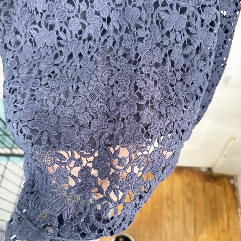 Rebecca Taylor Lace Sheath Dress Flutter Sleeves Navy Preppy Classy 100% Cotton - Picture 6 of 15